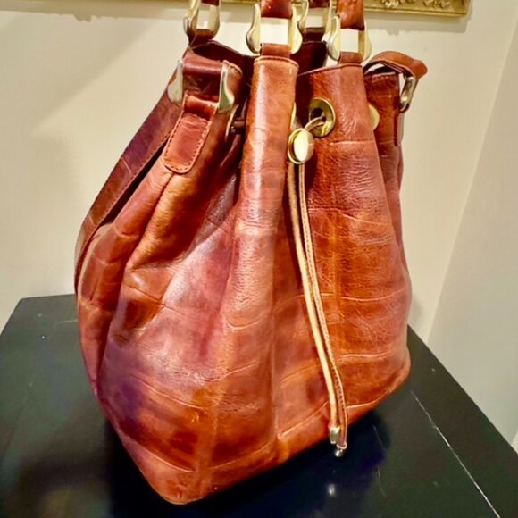 Bally Vintage Embossed Crocodile Chestnut Tan Leather Drawstring Bucket Handbag - Picture 2 of 16